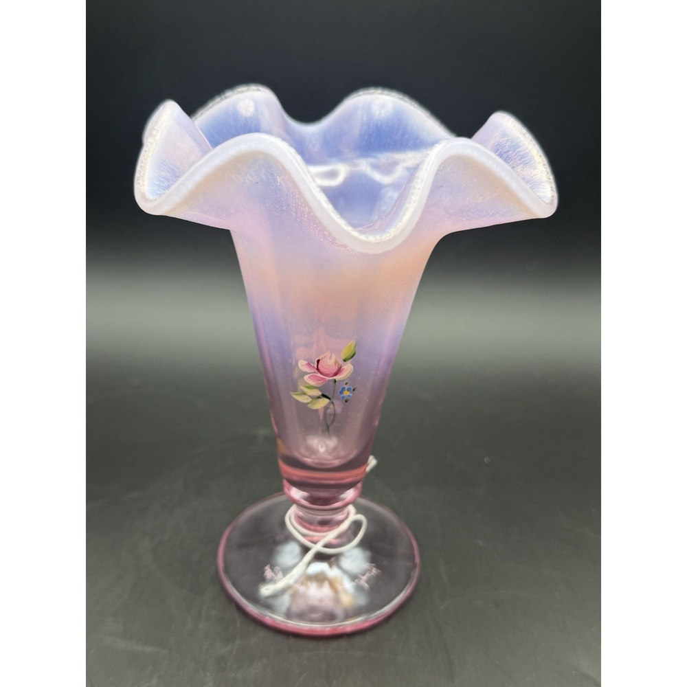 Fenton Pink Opalescent Hand-Painted Floral Vase Signed Christy Riggs 6.75"